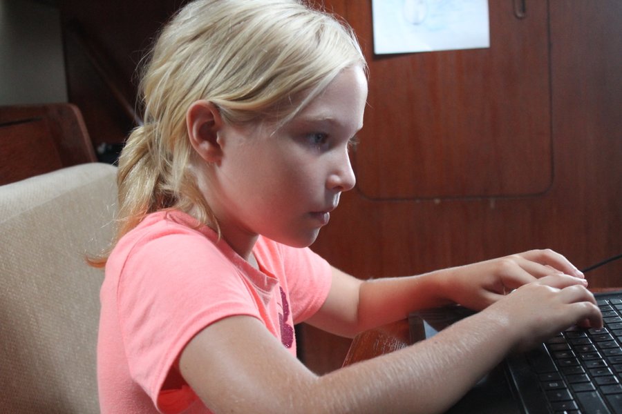 Intense concentration. I would say she is studying but I suspect this is computer-game concentration.