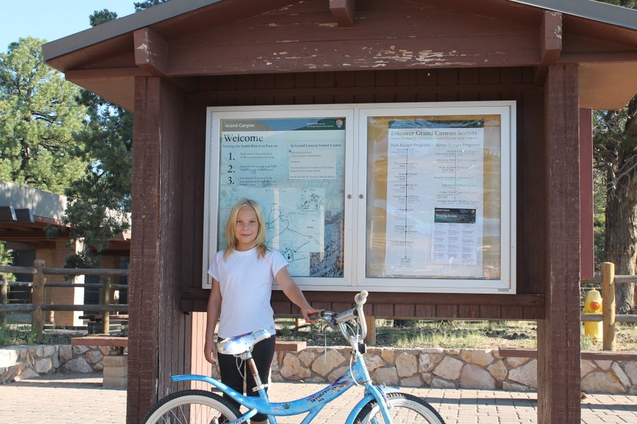 Lily in front of the South Rim map. We are skimming the map for showers but, nope, no showers at any of the campgrounds. I guess we will stay dirty.