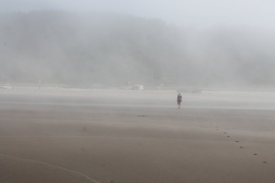 Footprints into the fog.